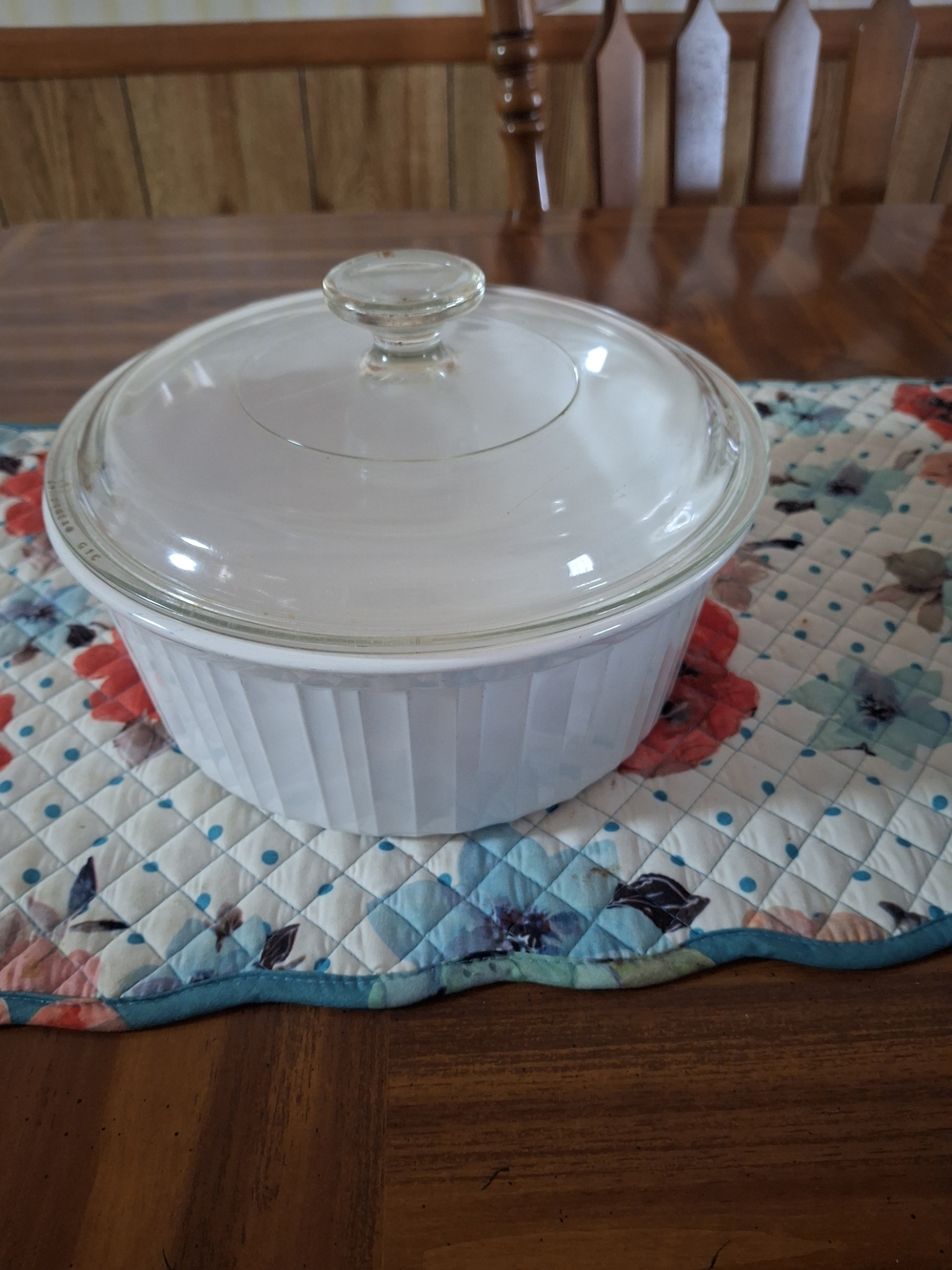 Vintage French White Corningware Ceramic Casserole Dish with Pyrex Glass Lid